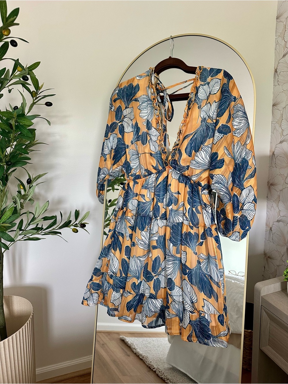 Cupshe Mustard Floral Print Tie-Back Mini Dress